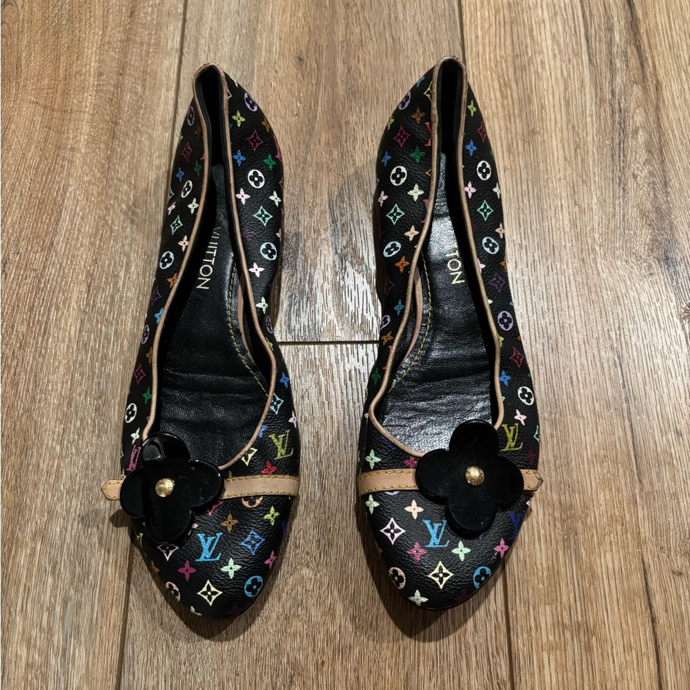 Vintage Louis Vuitton Multicolor Murakami Monogram Flats w/ Floral Embellishment